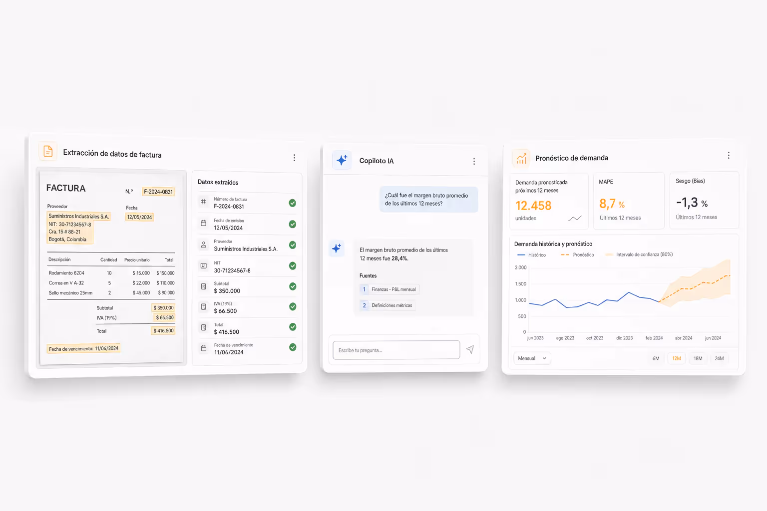 Sistemas de IA en producción: extracción de documentos, copiloto interno con citas y pronóstico de demanda