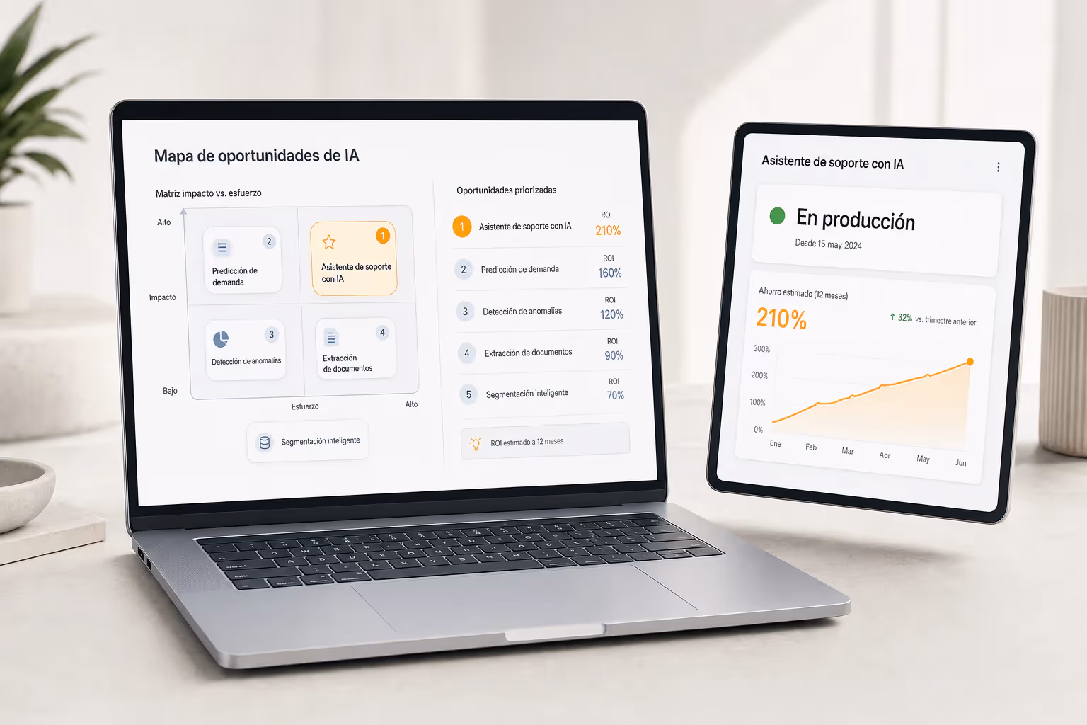 Roadmap de IA priorizado por impacto y esfuerzo junto a una iniciativa ya operando en producción